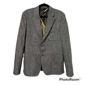 CIRCLE OF GENTLEMEN 100% Virgin Wool Grey Blazer Brown Suede Elbow Patch Size 50